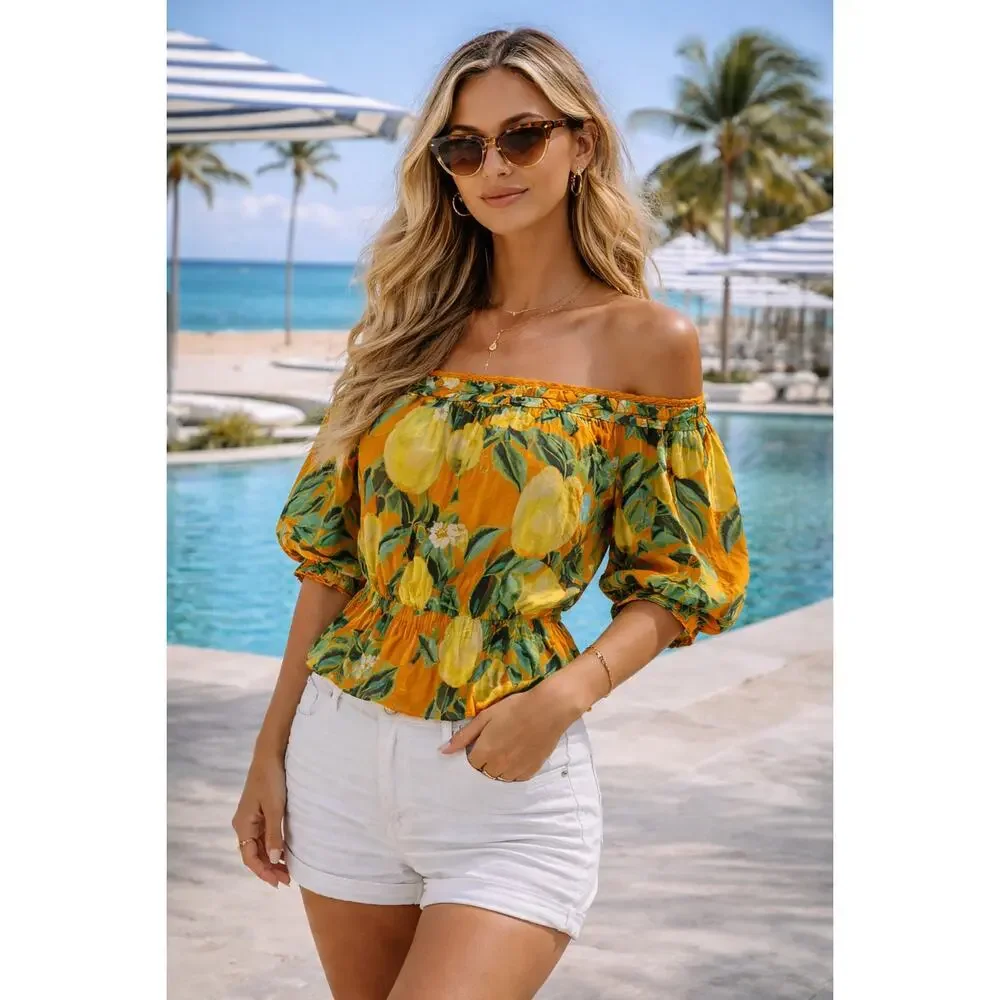 Anthropologie Farm Rio Orange Pears Short puff Sleeve Blouse square neck Sz XS